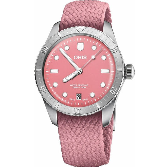 ORIS MOD. DIVERS SIXTY-FIVE wristwatch with pink fabric strap, stainless steel 38mm case, sapphire dial, and water resistant 10 ATM.