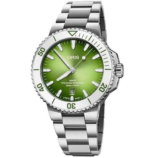 ORIS MOD. AQUIS DATE TASTE OF SUMMER wristwatch, stainless steel case, green dial, water resistant, Swiss made, men's automatic watch.
