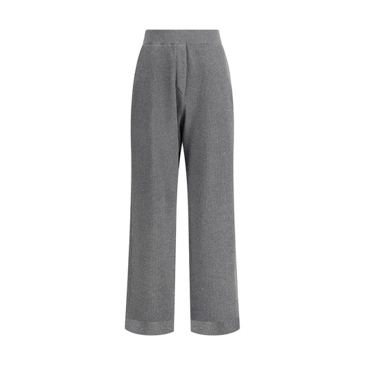 Brunello Cucinelli Gray Cotton Casual Pants with elasticized waistband, ribbed design, straight leg, and side welt pockets for elegance.