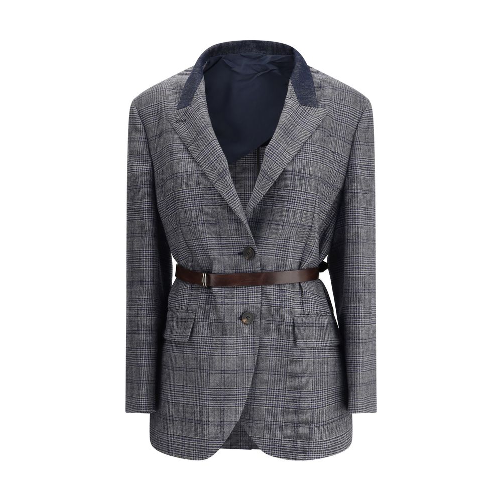 Brunello Cucinelli Gray Fleece Wool Blazer with Prince of Wales pattern, peaked lapels, and denim collar detail
