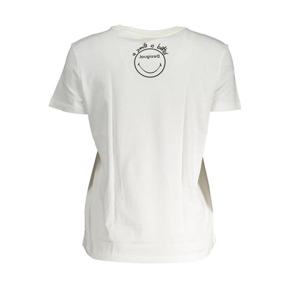Desigual White Cotton Women T-Shirt with round neck and vivid logo on back view.