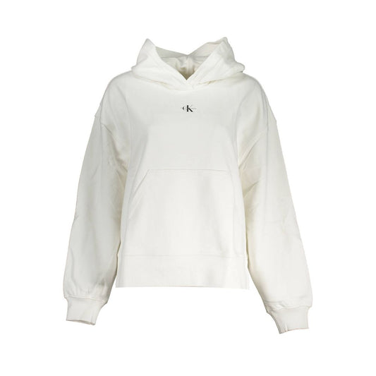 Calvin Klein White Cotton Women Sweater with hood and central pocket, featuring sustainable 100% recycled cotton and a branded print.