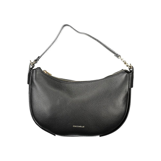 Coccinelle Black Leather Handbag with adjustable strap, shoulder handle, internal pocket, and logo.
