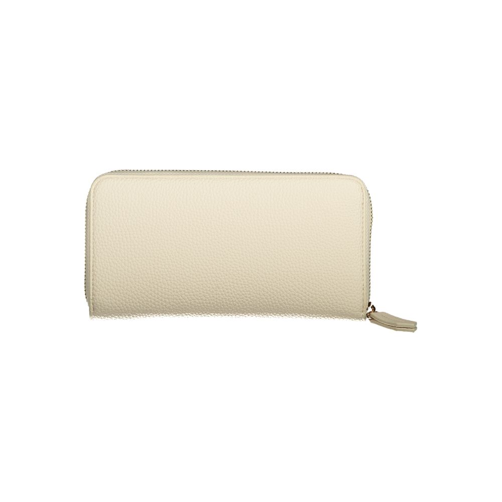 Mario Valentino Beige Polyethylene Wallet with zip closure, 6 compartments, coin purse, and card spaces, made from recycled materials.