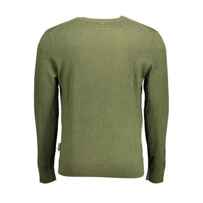 Napapijri Green Cotton Men Sweater featuring long sleeves and iconic embroidery, crafted from soft cotton for stylish comfort.