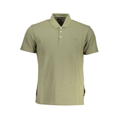 Napapijri Green Cotton Men Polo Shirt with embroidery, regular fit, three-button placket, and iconic logo.