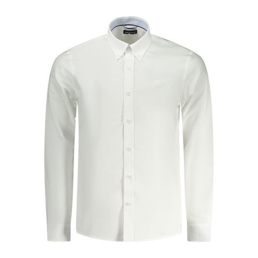 North Sails White Cotton Men Shirt with long sleeves and button-down front, featuring contrasting internal button cuffs and subtle embroidered logo.