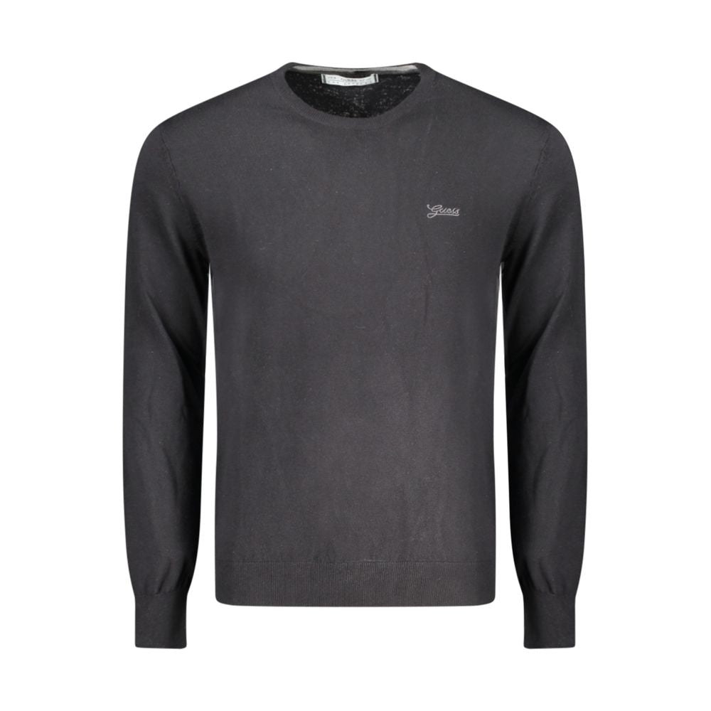 Guess Jeans Black Cotton Men Sweater, long-sleeved crew neck with logo embroidery, crafted from cotton, polyamide, and silk blend.