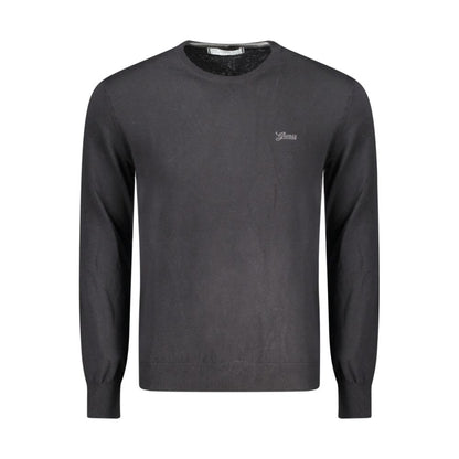 Guess Jeans Black Cotton Men Sweater with embroidered logo, crew neck, and long sleeves, perfect for a sophisticated wardrobe.