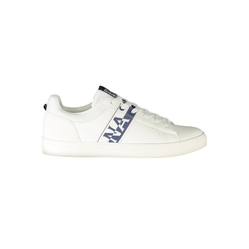 Napapijri White Leather Men Sneaker with bold logo and stylish design, featuring polyester and leather materials, side view.