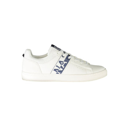 Napapijri White Leather Men Sneaker with bold logo and stylish design, featuring polyester and leather materials, side view.