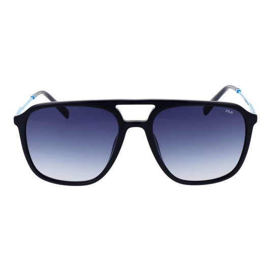 Fila Black Men Sunglass with full-rim black cellulose acetate frame and blue gradient plastic lenses in aviator style.