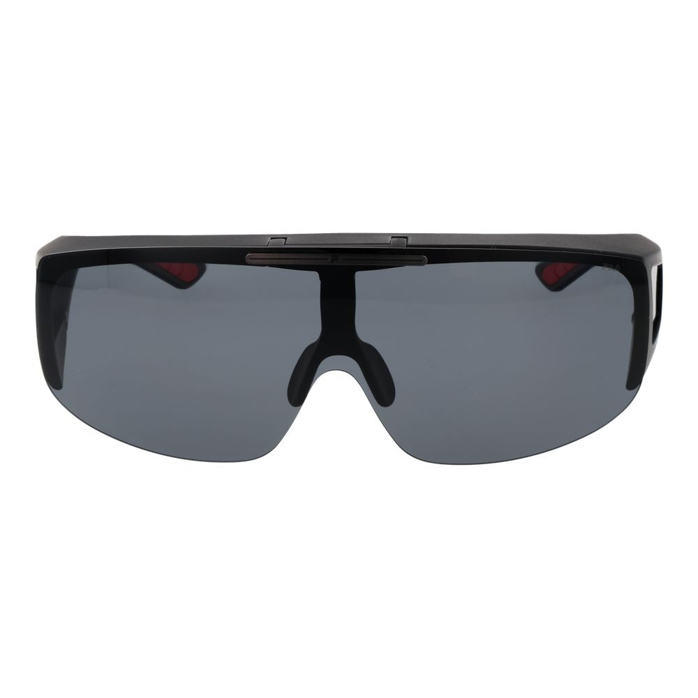 Fila Black Men Sunglass with full-rim black plastic frame and polarized grey lenses. Includes branded case, 100% UVA & UVB protection.