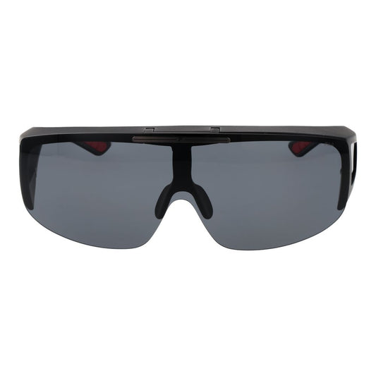 Fila Black Men Sunglass with full-rim black plastic frame and polarized grey lenses. Includes branded case, 100% UVA & UVB protection.