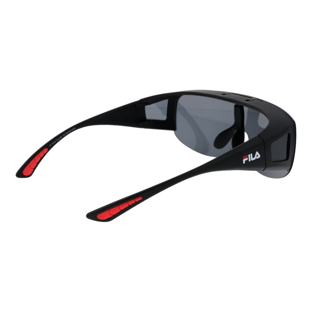 Fila Black Men Sunglass with black plastic full-rim frame and grey polarized photochromatic lenses, branded case included.