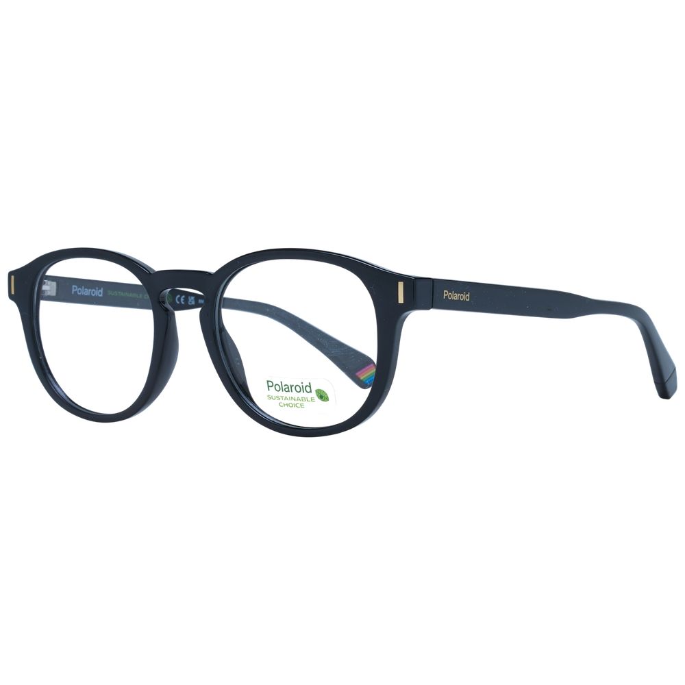 Polaroid Black Unisex Glasses Frame, round full-rim style, black polyamide material, demo lenses, with branded case included.
