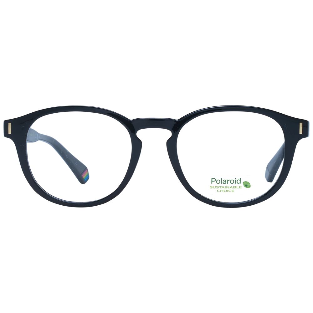 Polaroid Black Unisex Glasses Frame with full-rim design and round style, featuring black polyamide material and demo lenses.
