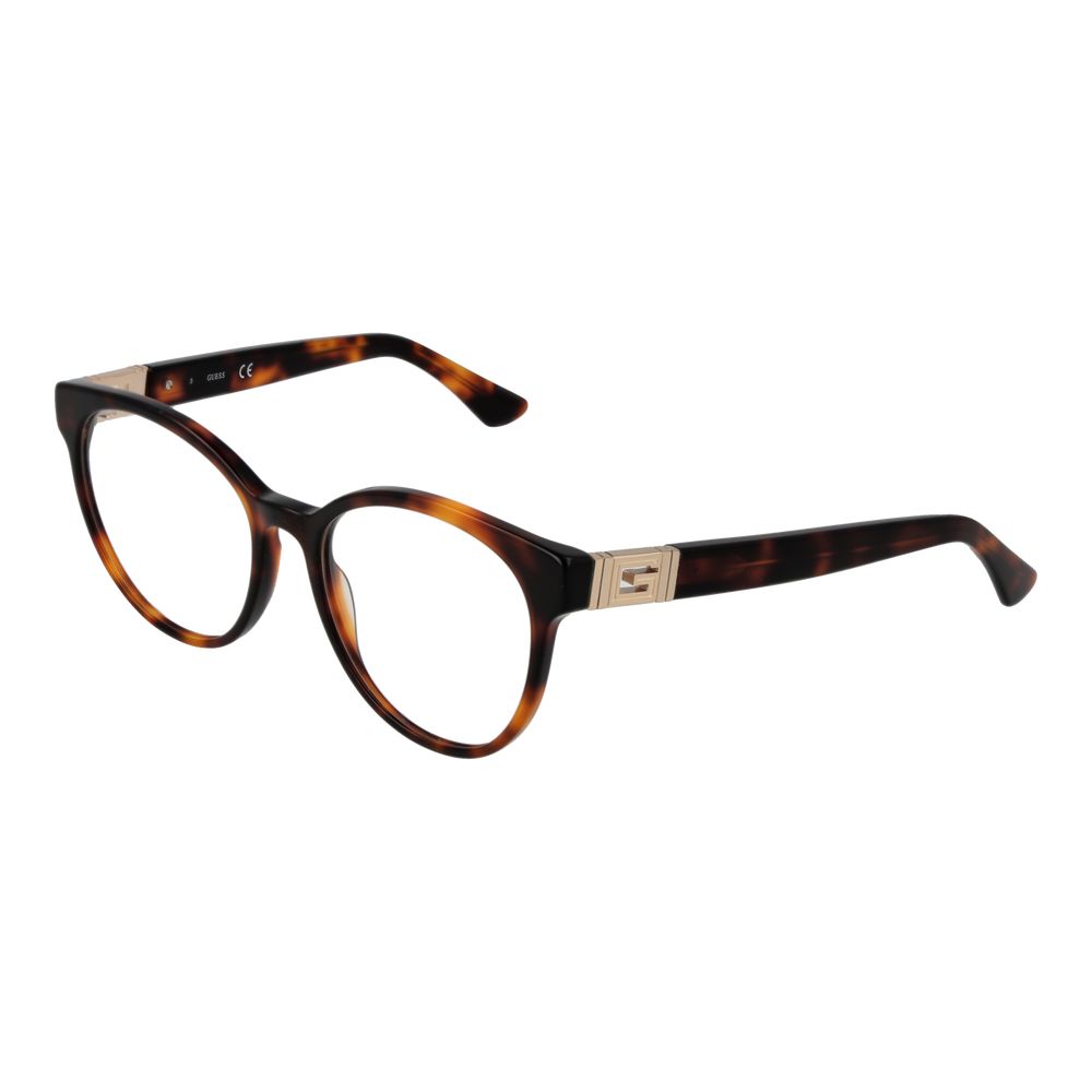 Guess Brown Women Glasses Frame in full-rim butterfly style with plastic material and demo lenses, measuring 53-17-140.