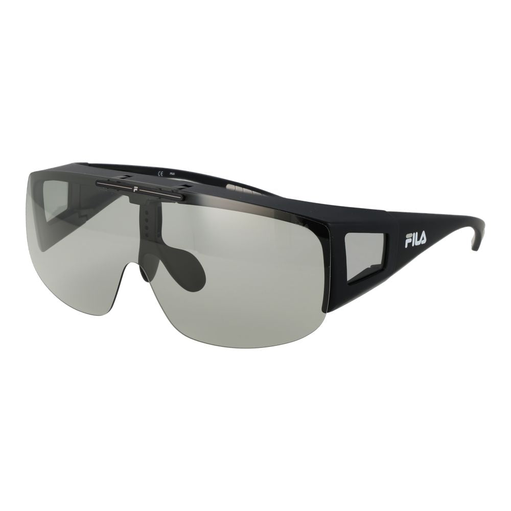 Fila Black Men Sunglass with full-rim black plastic frame, grey polarized photochromatic lenses, UVA & UVB protection, includes branded case.