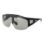 Fila Black Men Sunglass with full-rim black plastic frame, grey polarized photochromatic lenses, UVA & UVB protection, includes branded case.