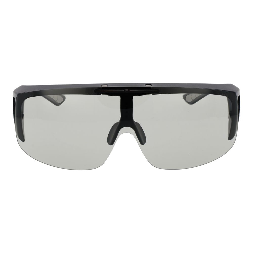 Fila Black Men Sunglass with full-rim black plastic frame and polarized grey lenses, 100% UVA & UVB protection, includes branded case.