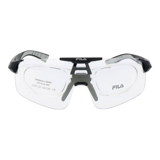 Fila Black Men Sunglass with nylon full-rim black frame and grey plastic lenses, offering 100% UVA & UVB protection.