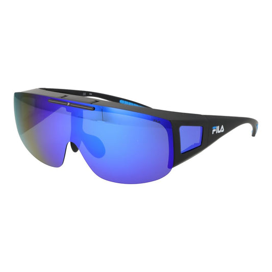 Fila Black Men Sunglass with polarized blue mirrored lenses, black full-rim plastic frame, 100% UVA & UVB protection.