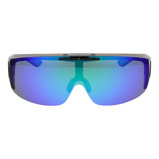 Fila Black Men Sunglass with full-rim black plastic frame and polarized multicolor mirrored lenses, offering 100% UVA & UVB protection.