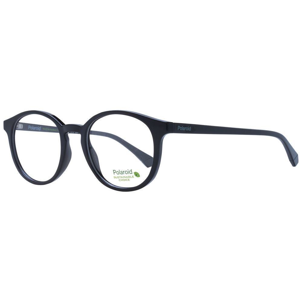 Polaroid Black Unisex Glasses Frame in full-rim panto style with black polyamide material and demo lenses. Size 50-20-145.