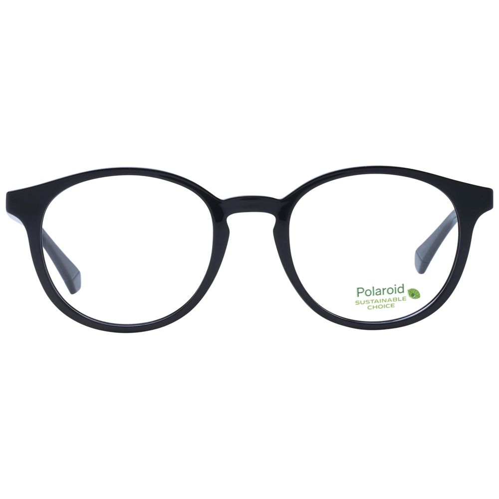 Polaroid Black Unisex Glasses Frame in full-rim black polyamide with demo lenses, size 50-20-145, includes branded case and no spring hinge.