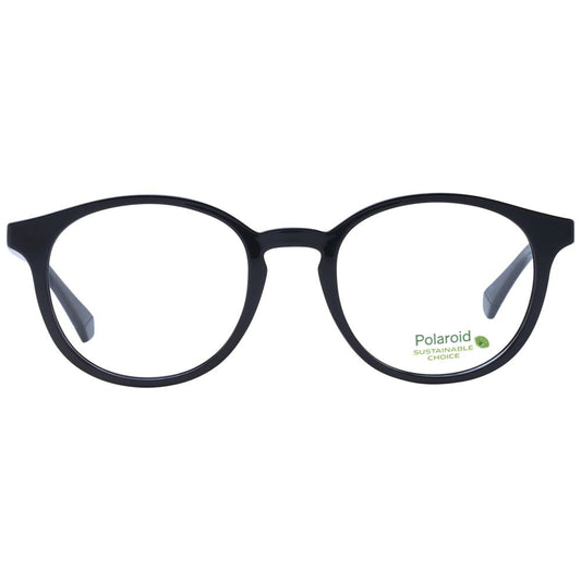Polaroid Black Unisex Glasses Frame in full-rim black polyamide with demo lenses, size 50-20-145, includes branded case and no spring hinge.