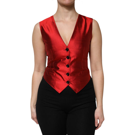 Dolce & Gabbana Red Black Button Down Sleeveless Vest Top