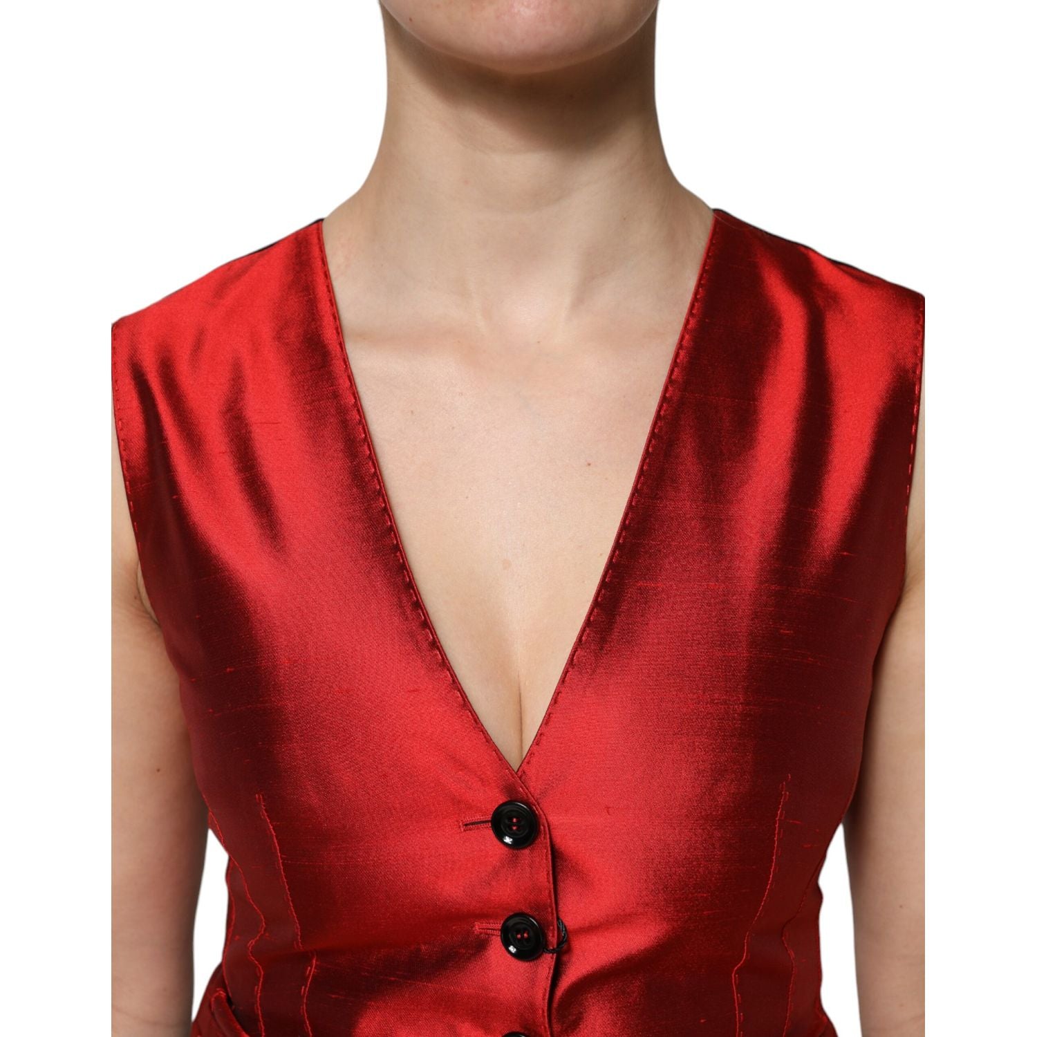 Dolce & Gabbana Red Black Button Down Sleeveless Vest Top