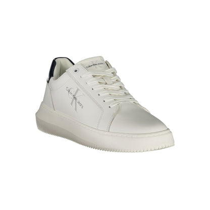 Calvin Klein White Leather Men Sneaker with black details, iconic logo, and eco-friendly design for urban chic style and comfort.