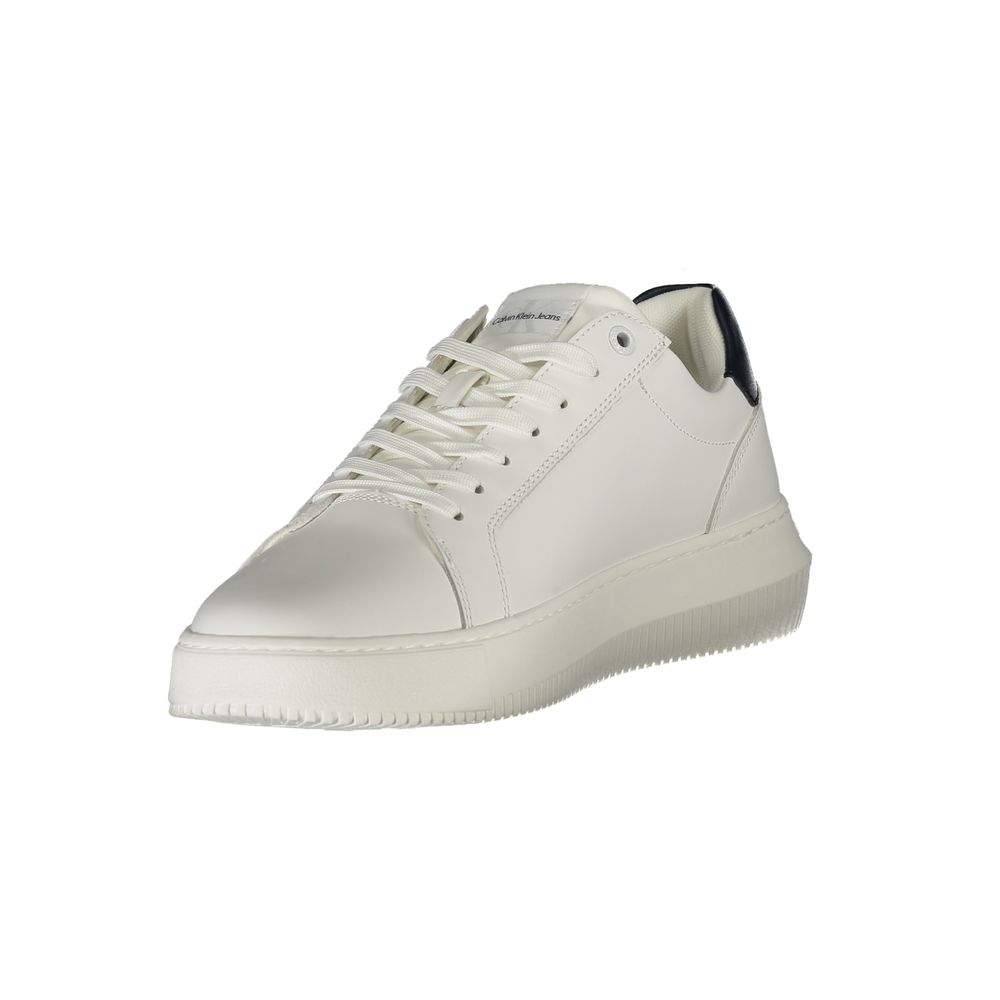 Calvin Klein White Leather Men Sneaker with black details, urban chic style, featuring removable insole and iconic logo design.