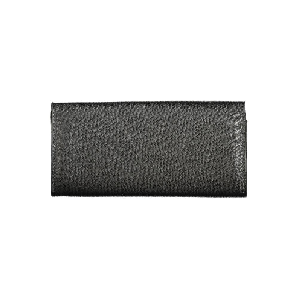 Mario Valentino Black Polyethylene Wallet featuring three compartments, coin purse, card slots, zip, and automatic closure with logo.