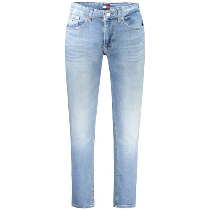 Tommy Hilfiger Blue Cotton Men Jeans with modern slim-tapered fit and washed effect, made from 50% regenerative cotton.