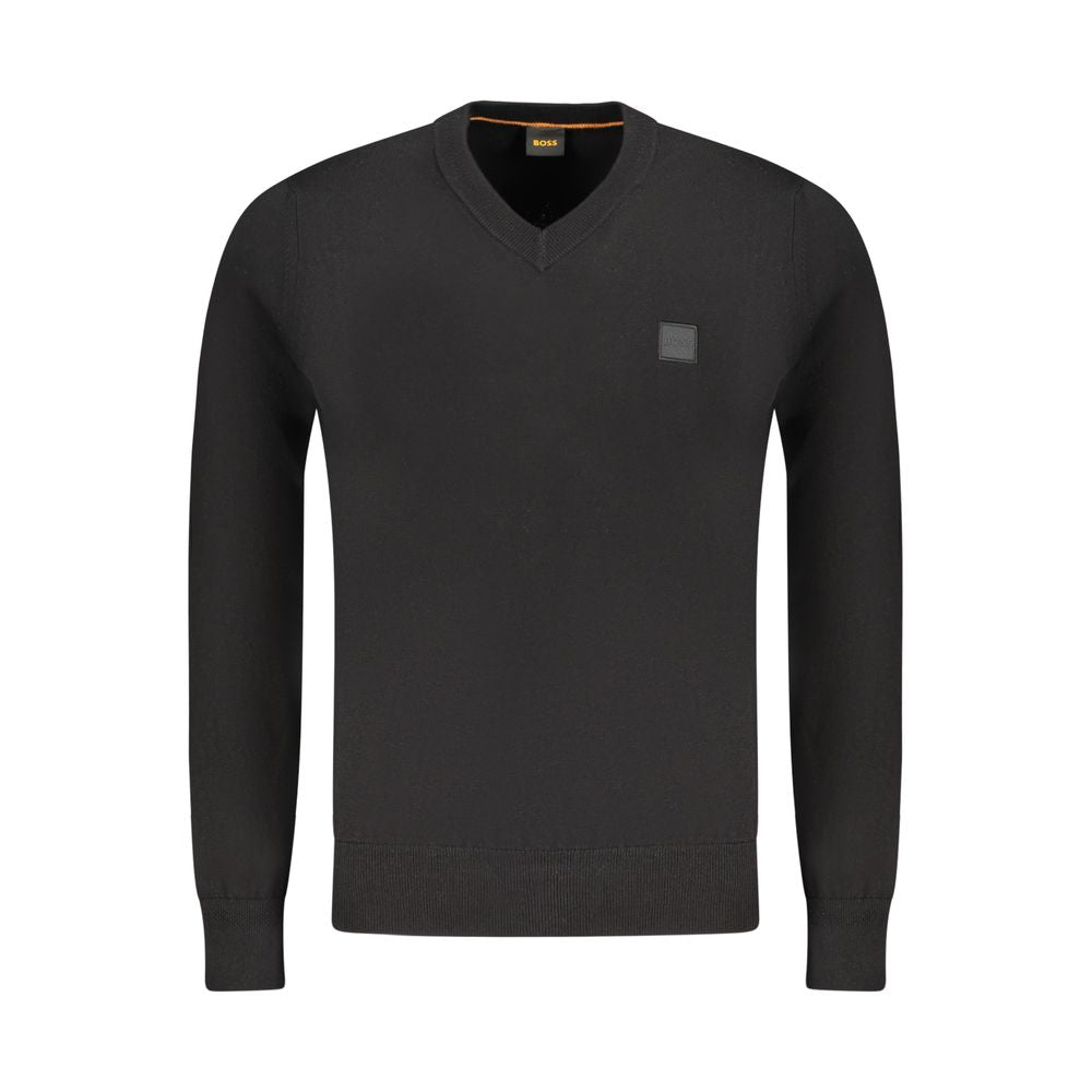 Hugo Boss Black Cotton Sweater with long sleeves, V-neck, logo applique.
