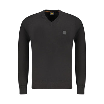 Hugo Boss Black Cotton Sweater with long sleeves, V-neck, logo applique.