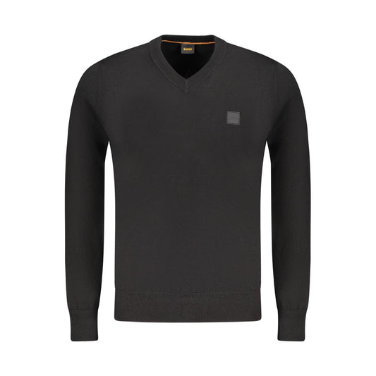 Hugo Boss Black Cotton Sweater with V-neck, long sleeves, and logo applique