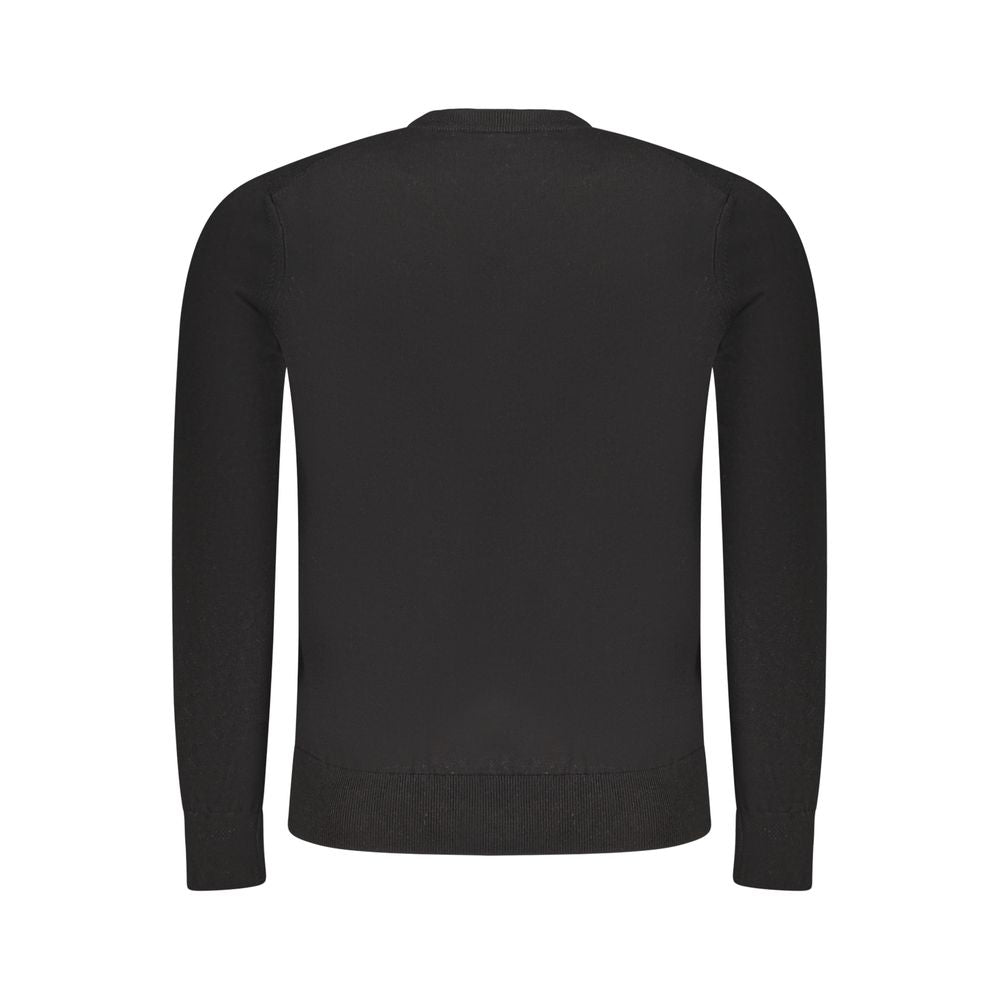Hugo Boss Black Cotton Sweater, long-sleeved V-neck with applique logo, back view.