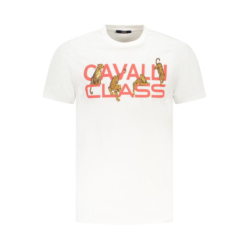 Cavalli Class White Cotton Men T-Shirt with bold logo and graphic print, short sleeves, soft fabric, contemporary design for trendsetters.