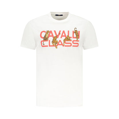 Cavalli Class White Cotton Men T-Shirt with bold logo and graphic print, short sleeves, soft fabric, contemporary design for trendsetters.