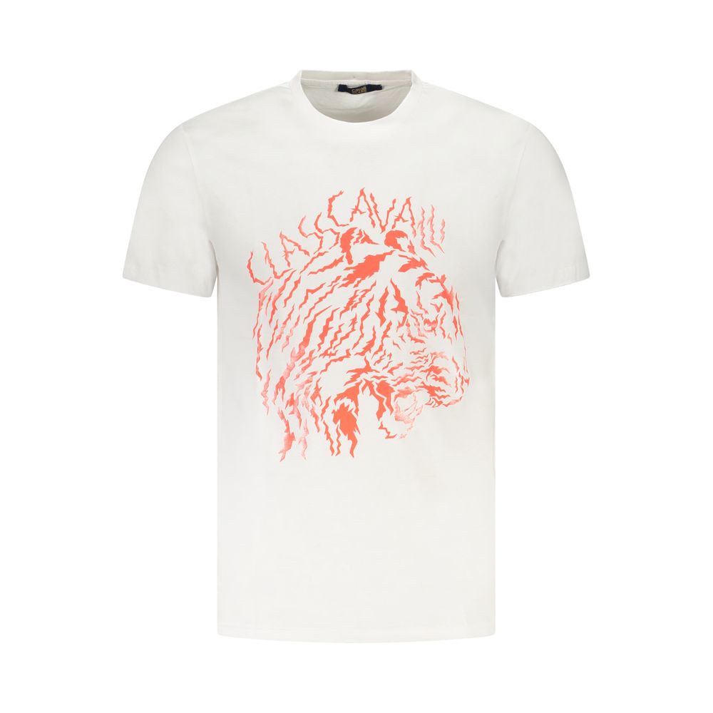 Cavalli Class White Cotton Men T-Shirt with red lion graphic and logo, showcasing casual elegance and luxury style.