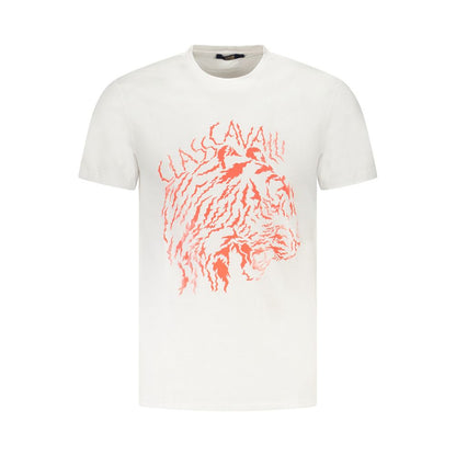 Cavalli Class White Cotton Men T-Shirt with red lion graphic and logo, showcasing casual elegance and luxury style.