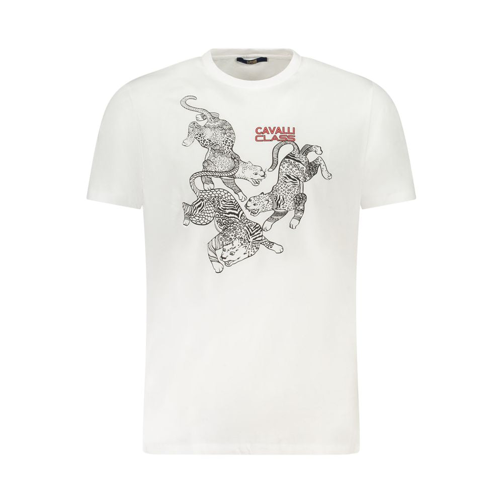 Cavalli Class White Cotton Men T-Shirt with bold print and logo, showcasing comfort and style in a modern crew neck design.