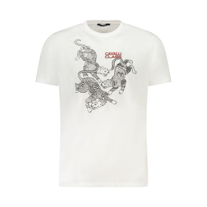 Cavalli Class White Cotton Men T-Shirt with bold print and logo, showcasing comfort and style in a modern crew neck design.
