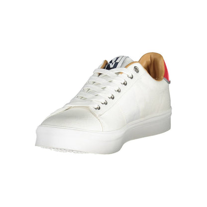 Napapijri White Polyester Men Sneaker with laces and iconic logo, showcasing craftsmanship and fashion-forward design.