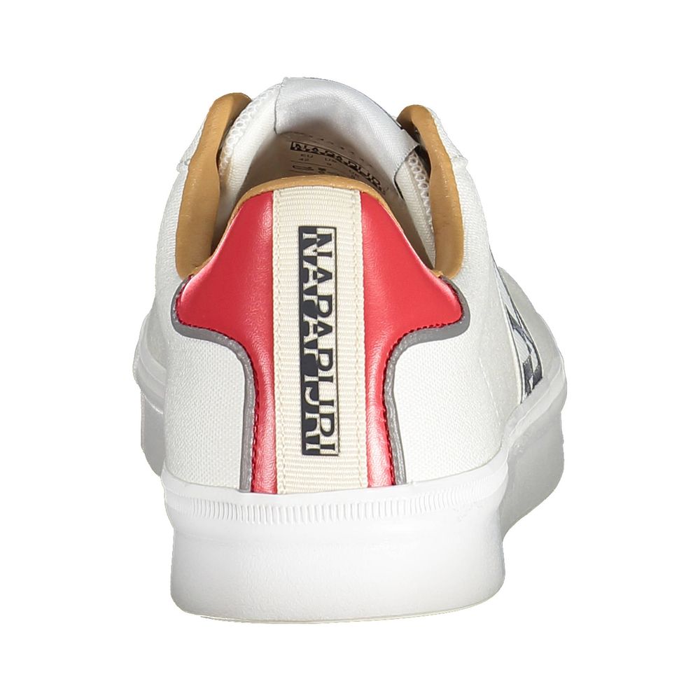 Napapijri White Polyester Men Sneaker with red and tan accents, featuring logo on heel. Crafted for trendsetters seeking bold fashion.