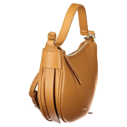 Coccinelle Brown Leather Handbag with adjustable strap and internal pocket, featuring a zip closure and logo detail.